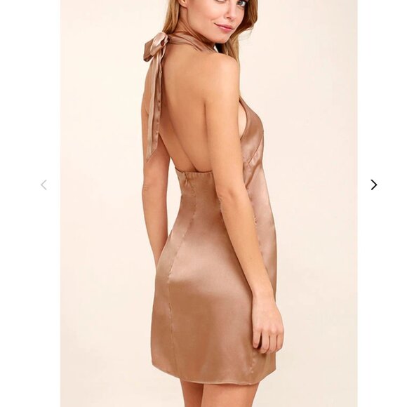 One Day Light Brown Satin Halter Swing Dress - Size Small - Picture 2 of 5